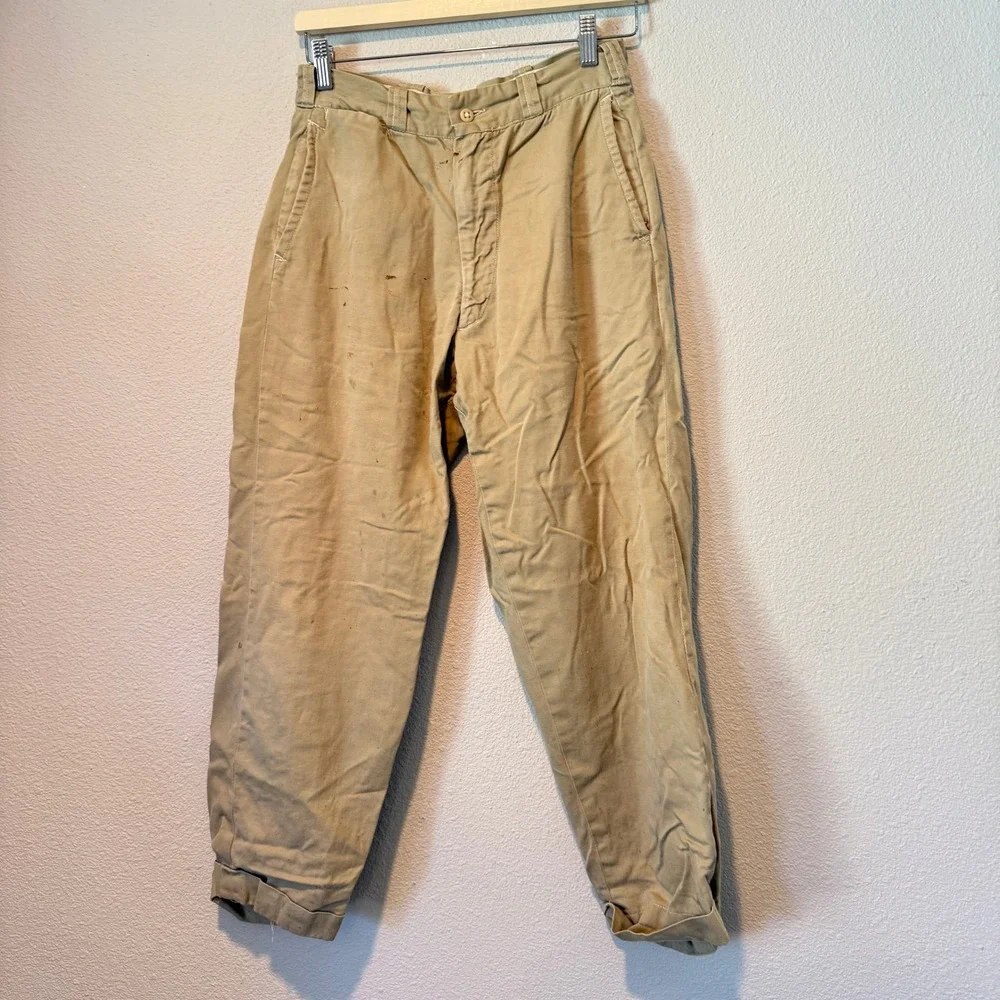 Vintage Military Khaki Chino Trousers Cotton Twill Button Fly Distressed Tan